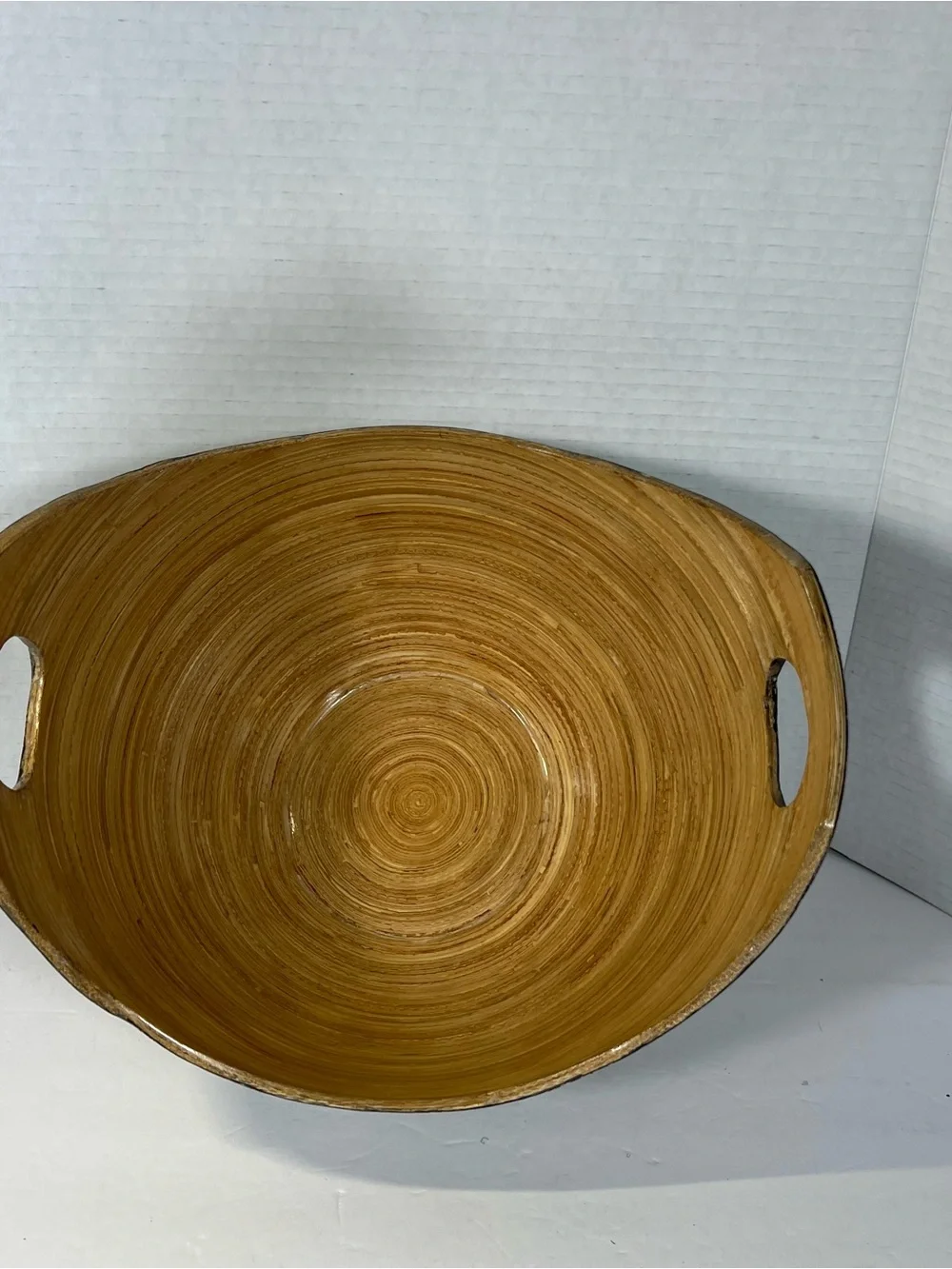 Bamboo Lacquerware Bowl Eggshell Mosaic Black Tan Handled Decorative Bowl 11”